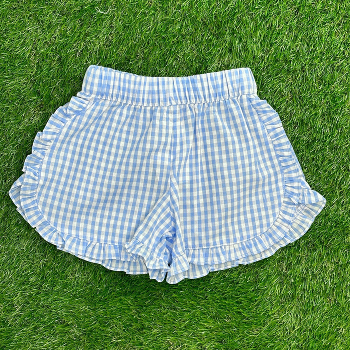 Blue Gingham Girls Shorts with Ruffles