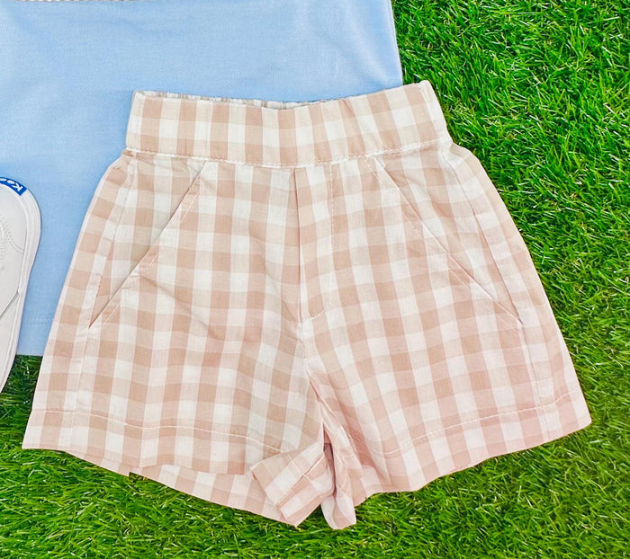 Boy's Shorts in Tan Gingham with Pockets