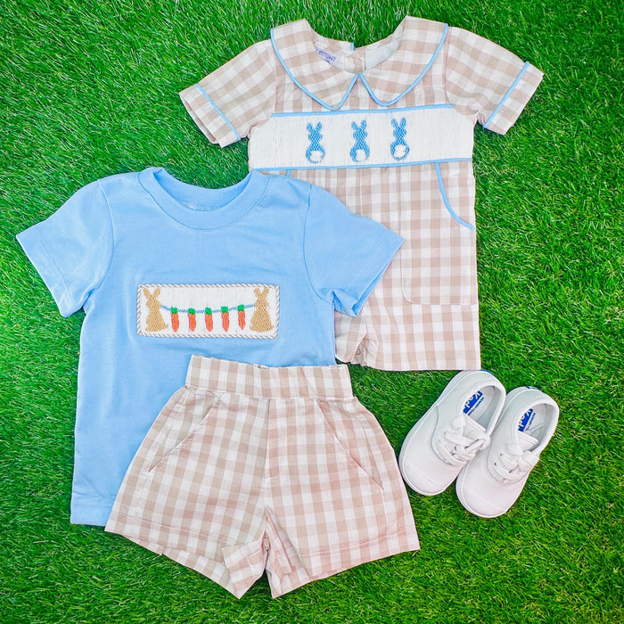 Boy's Shorts in Tan Gingham with Pockets