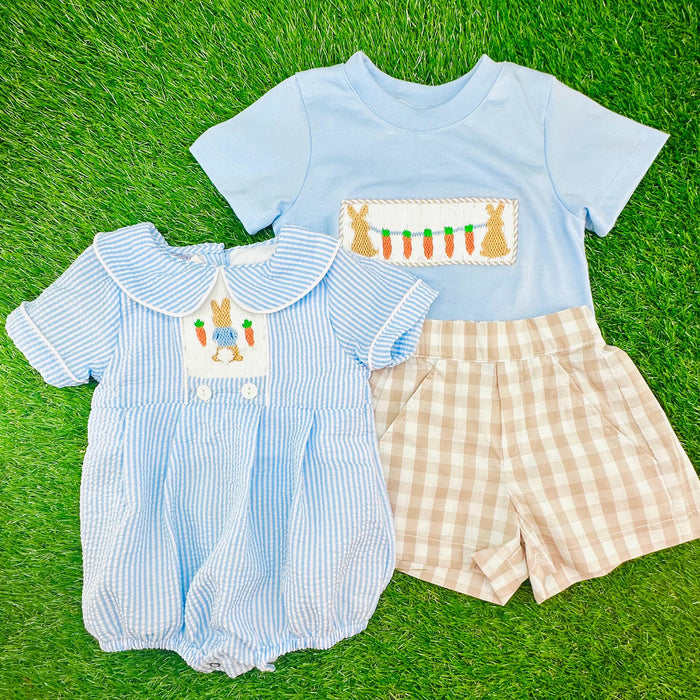 Boy's Shorts in Tan Gingham with Pockets
