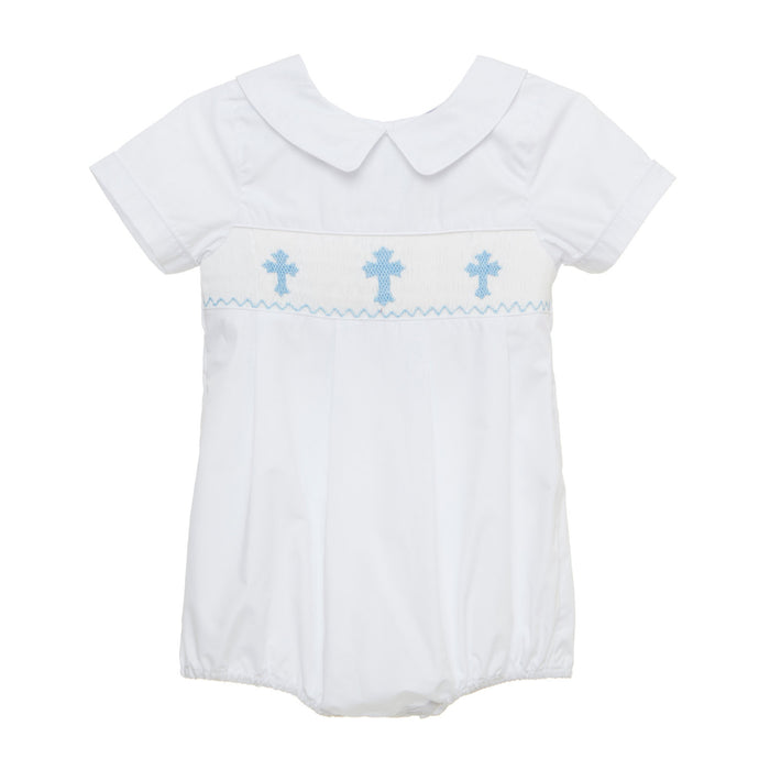 Boys White with Blue Crosses Smocked Bubble