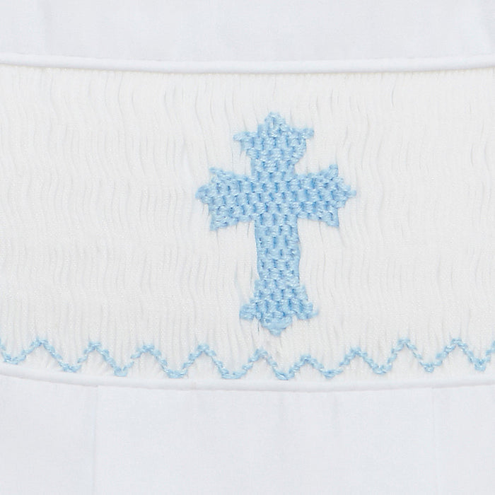 Boys White with Blue Crosses Smocked Bubble