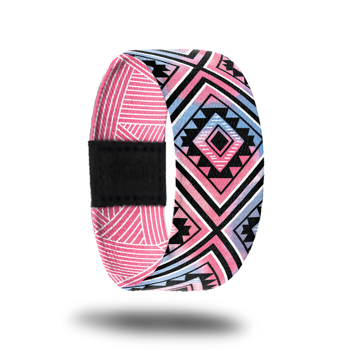 Outside design of Break Away, blended background with pink and blue with black lines and square geometric shapes