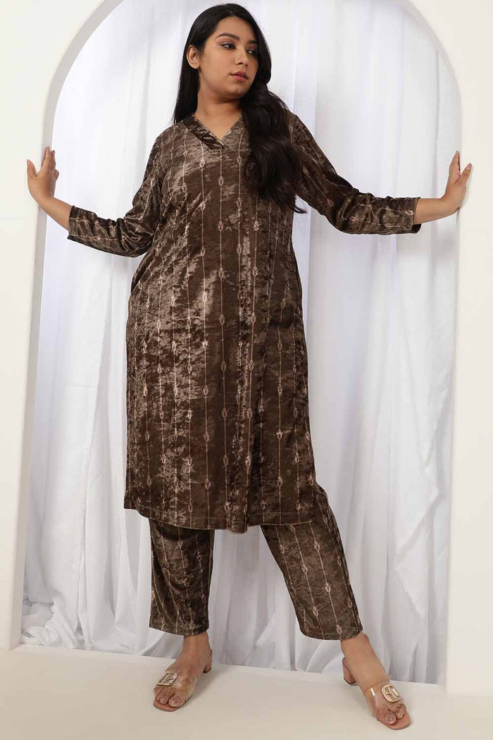 Brown V Neck Velvet Kurta