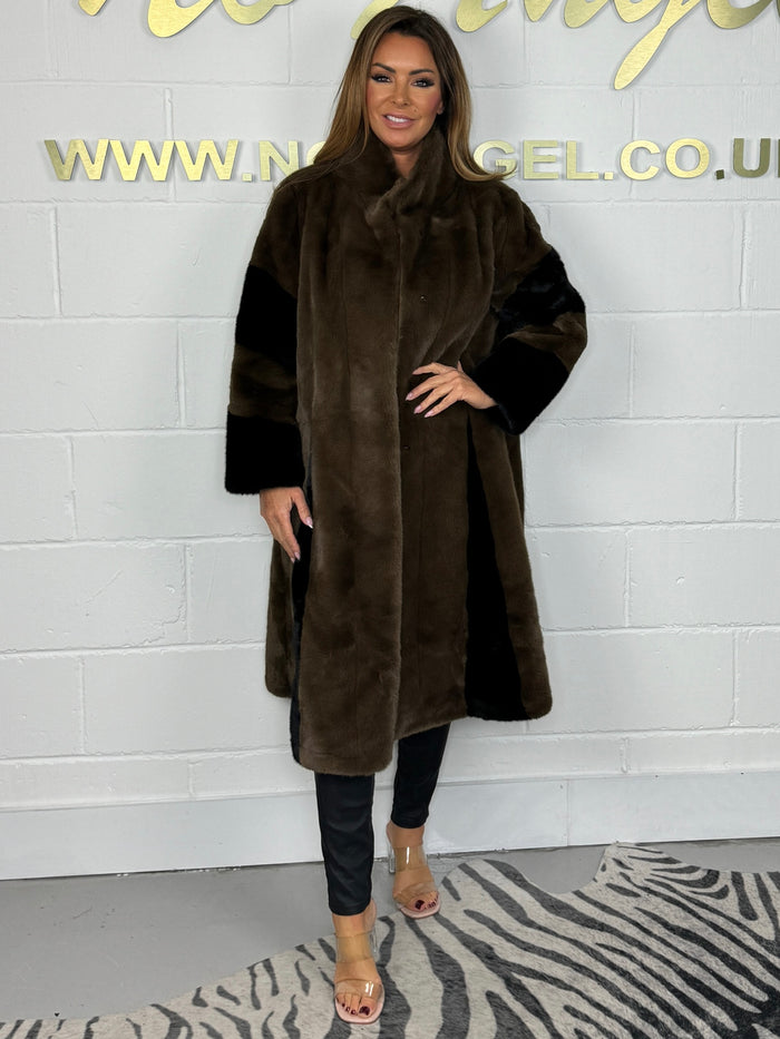 Brown With Black Stripe Collared Longline Coat