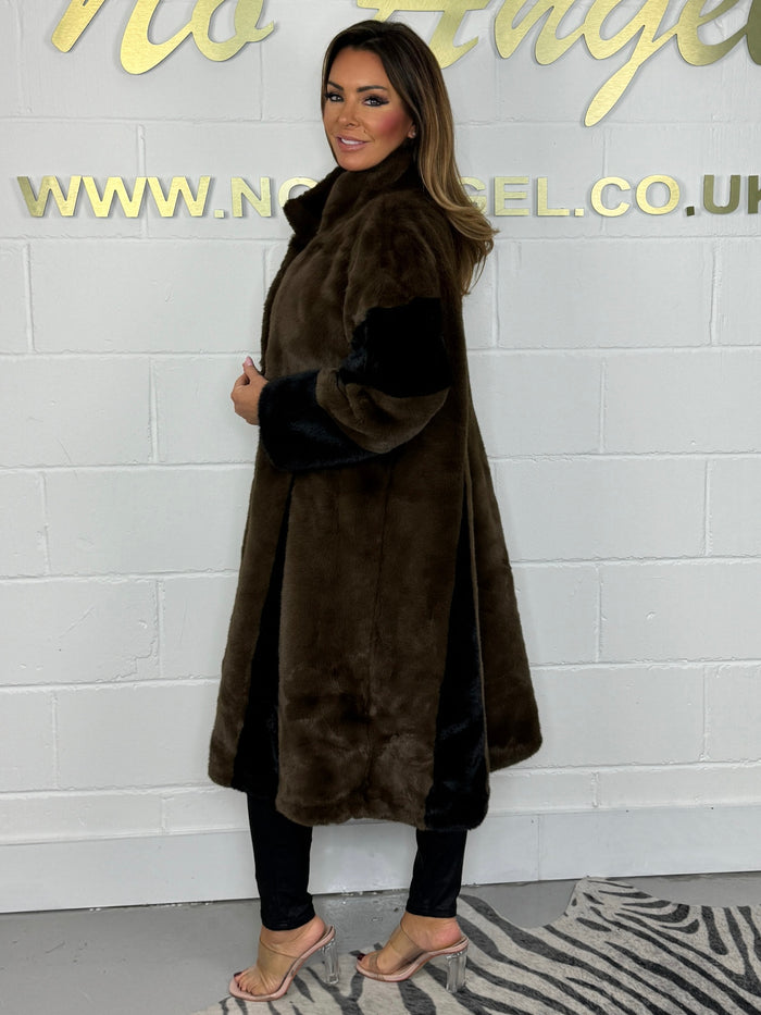 Brown With Black Stripe Collared Longline Coat