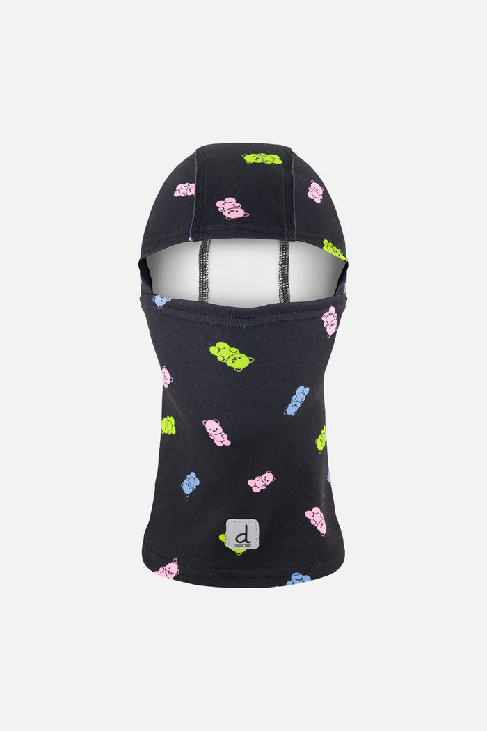 Deux par Deux brushed jersey balaclava in black printed gummy bears, front view