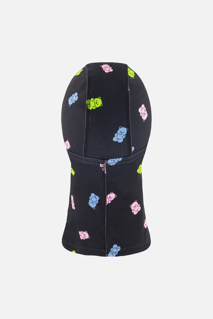 Deux par Deux brushed jersey balaclava in black printed gummy bears, back view