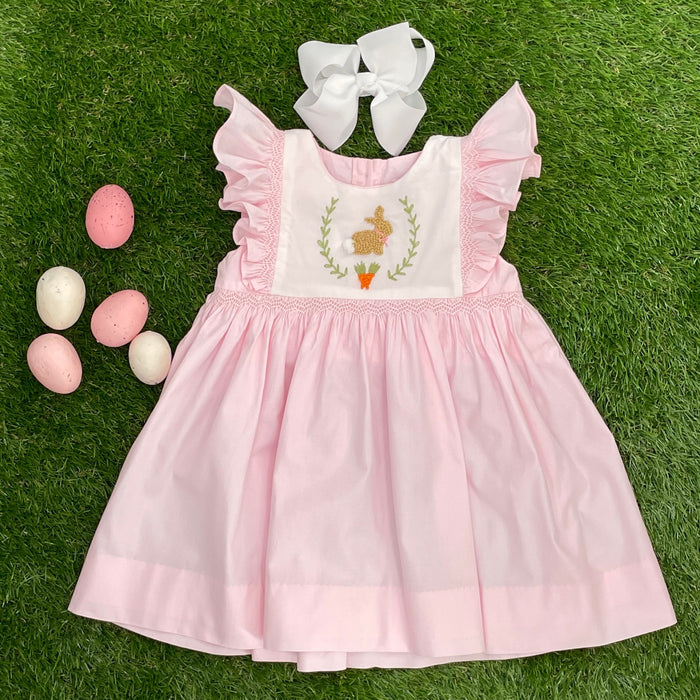 Bunny Smocked Avignon Dress- French Knot Bunny on Pink!