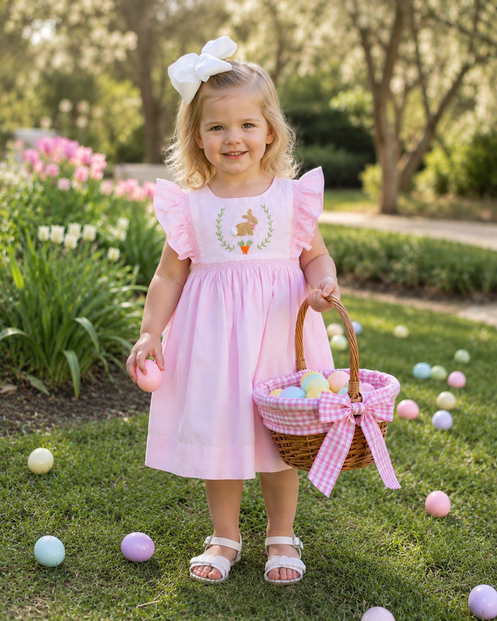 Bunny Smocked Avignon Dress- French Knot Bunny on Pink!