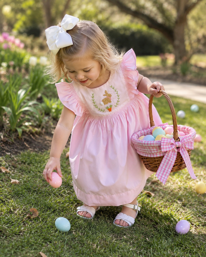 Bunny Smocked Avignon Dress- French Knot Bunny on Pink!