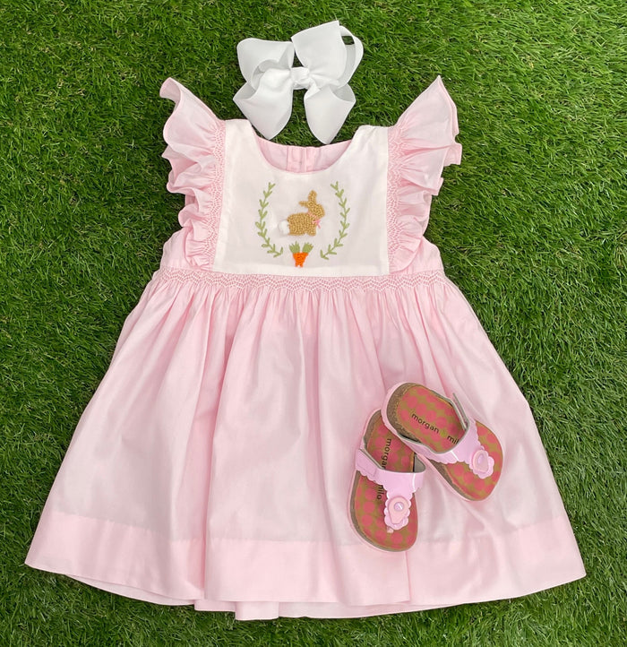 Bunny Smocked Avignon Dress- French Knot Bunny on Pink!