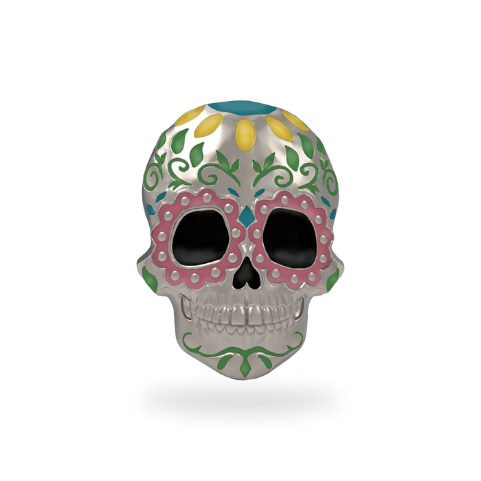 This is a charm that fits ZOX single wristbands, lanyards and hoodie strings only. It is made from stainless steel and is silver in color. It's in the shape of a skull and has enamel colors in a flowery design.