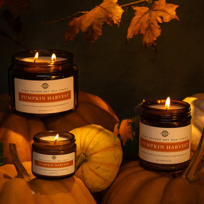 Rustic Strength, Candles, photoshoot image of 2oz, 8oz, and 16oz lit candles set on top of pumpkins with a dark background and a branch with fall leaves above