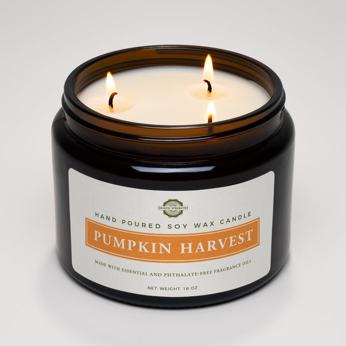 Rustic Strength, Candle, 16oz, Amber Glass with 3 wicks, Pumpkin Harvest