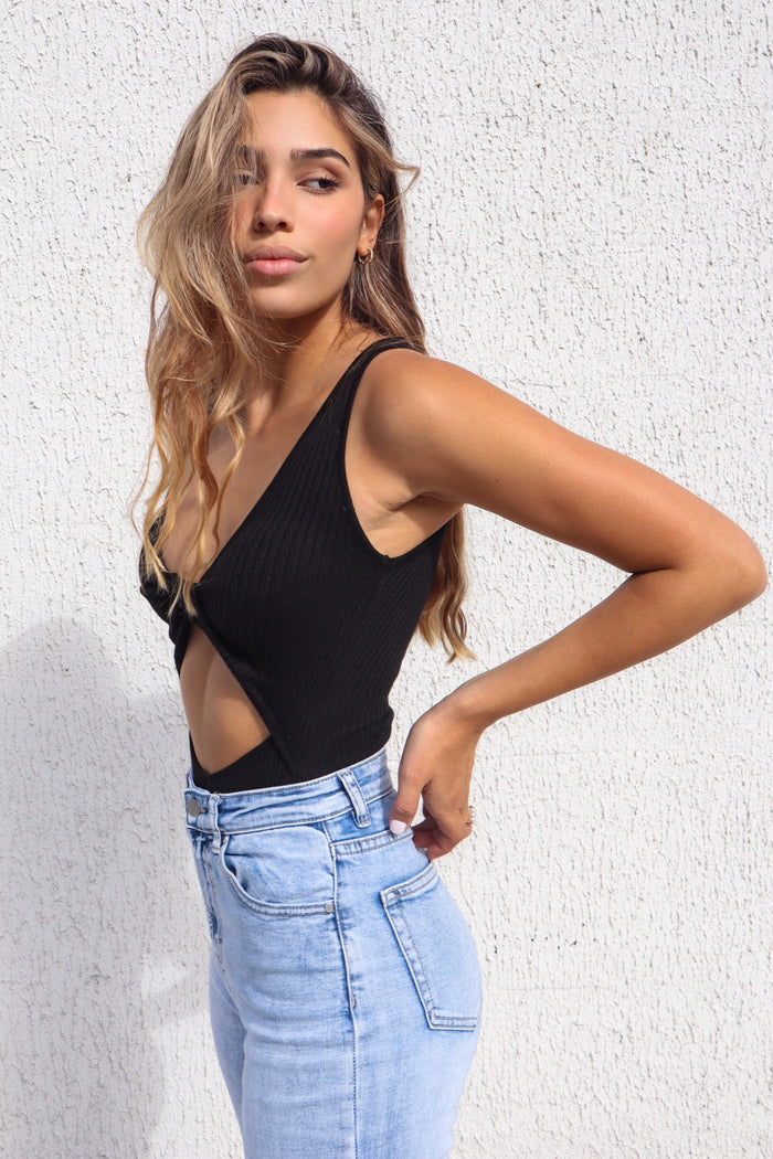 Carmen Ribbed Bodysuit - Black - Runway Goddess