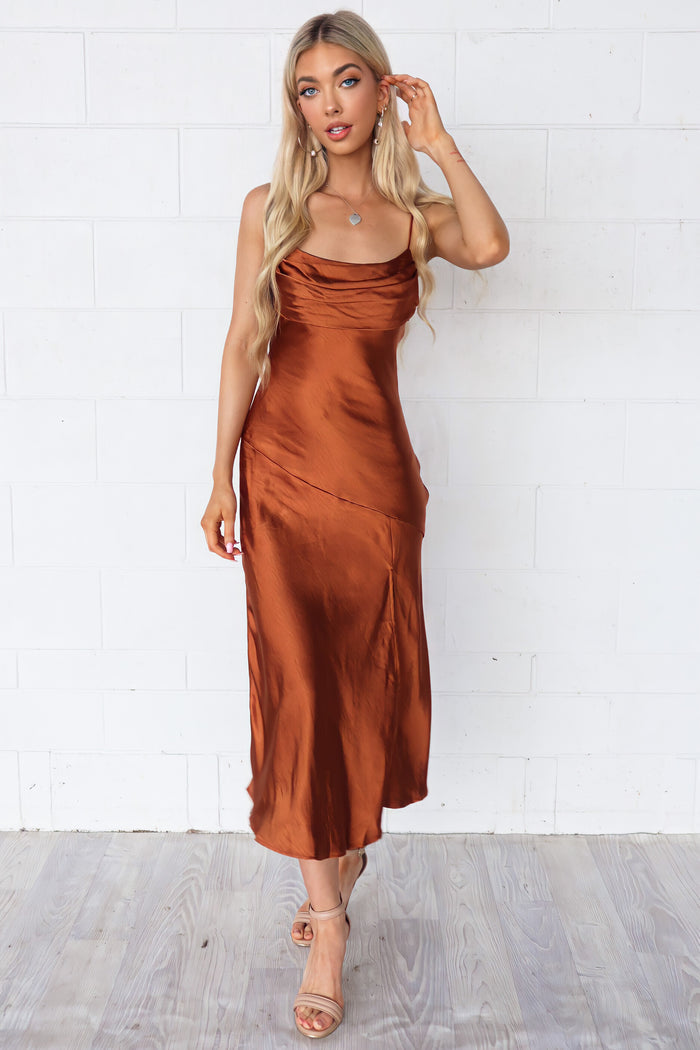 Celine Satin Midi - Chocolate Brown - Runway Goddess