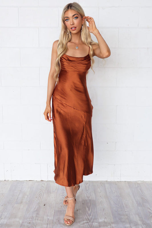 Celine Satin Midi - Chocolate Brown - Runway Goddess