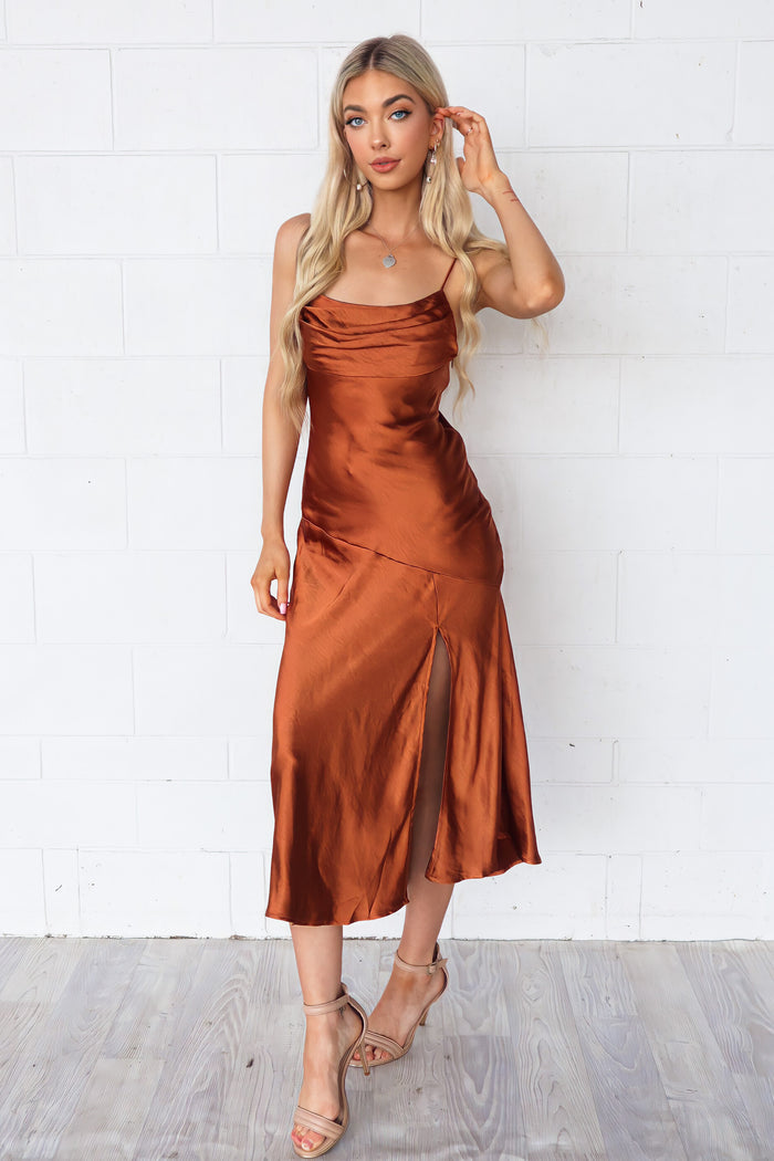Celine Satin Midi - Chocolate Brown - Runway Goddess