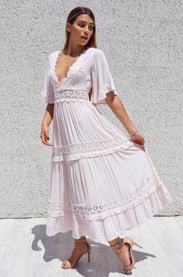 Charlotte Boho Maxi Dress - Baby Pink - Runway Goddess