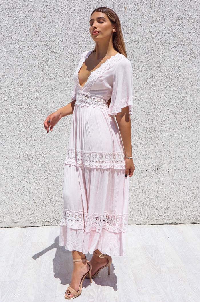 Charlotte Boho Maxi Dress - Baby Pink - Runway Goddess