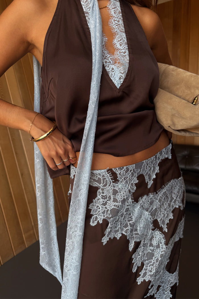 Chocolate Lily Skirt in brown satin featuring light blue lace trim, paired with a matching lace-detailed top.