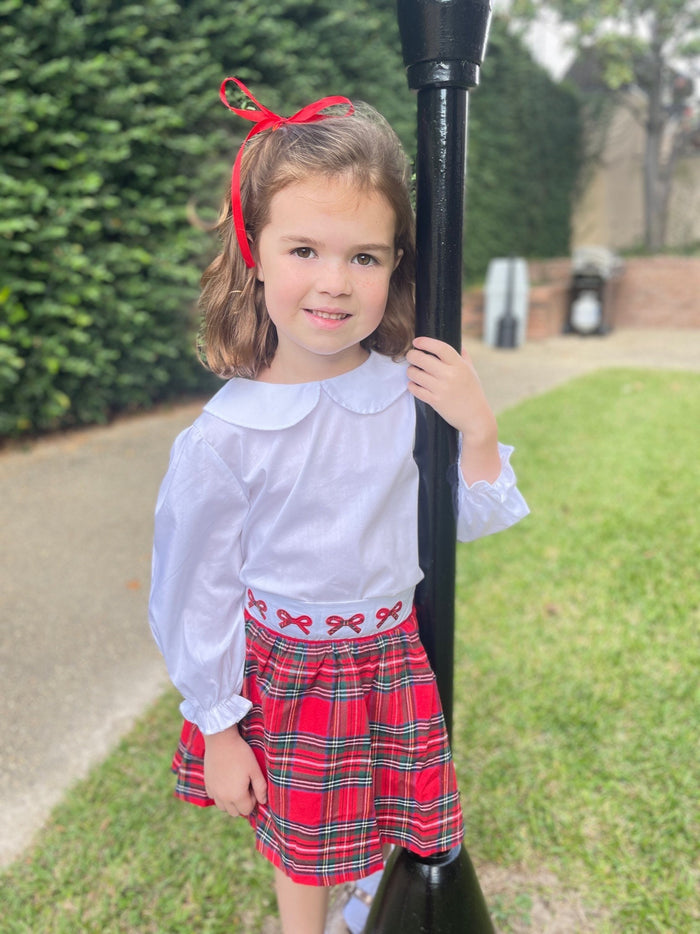Christmas Plaid Girls Skirt with Embroidered Bows