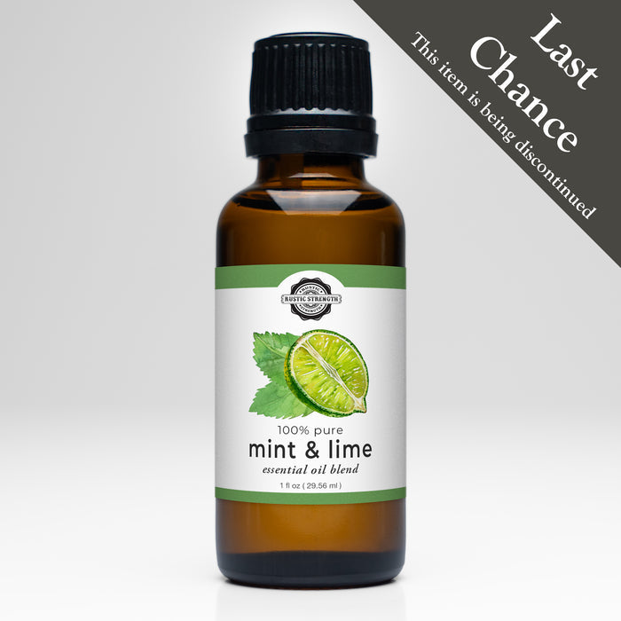 Rustic Strength - Essential Oil Blend | 1oz Amber Glass Vial | Mint & Lime with grey badge "Last Chance, This item is being discontinued"