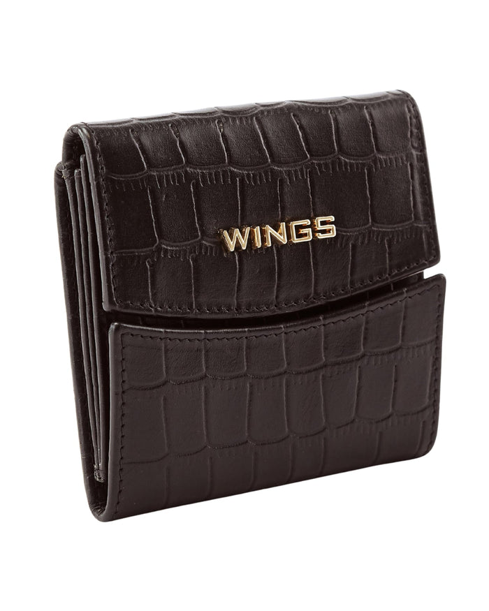 Kompaktowy portfel damski skórzany z ochroną RFID WINGS CROCO BLACK LEATHER COLLECTION