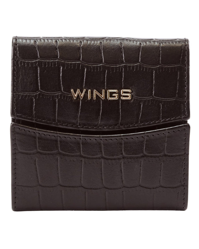 Kompaktowy portfel damski skórzany z ochroną RFID WINGS CROCO BLACK LEATHER COLLECTION