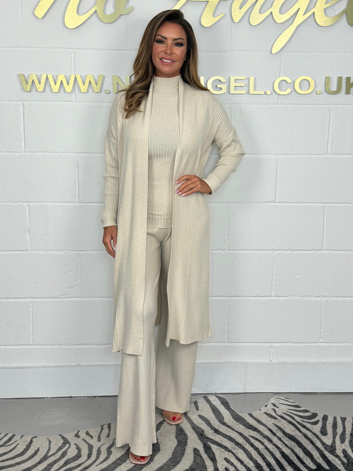 Cream Ribbed 3 Piece Soft Knit Cardigan Co-ord