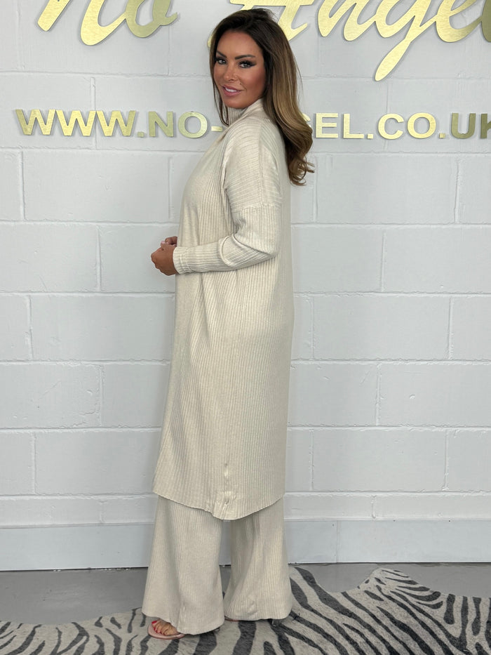 Cream Ribbed 3 Piece Soft Knit Cardigan Co-ord