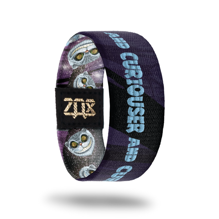 Inside Design of Curiouser: dark purple design with blue text repeating "Curiouser and Curiouser..."