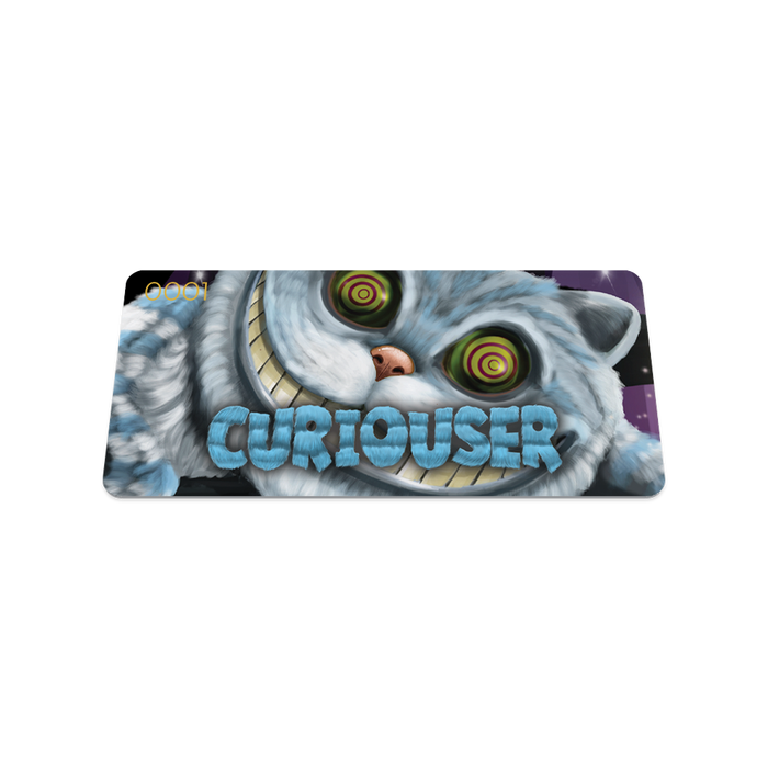 Front collector's card image of Curiouser, dark purple sky with blue and white Chesire cat centered on the card and blue text 'Curiouser'