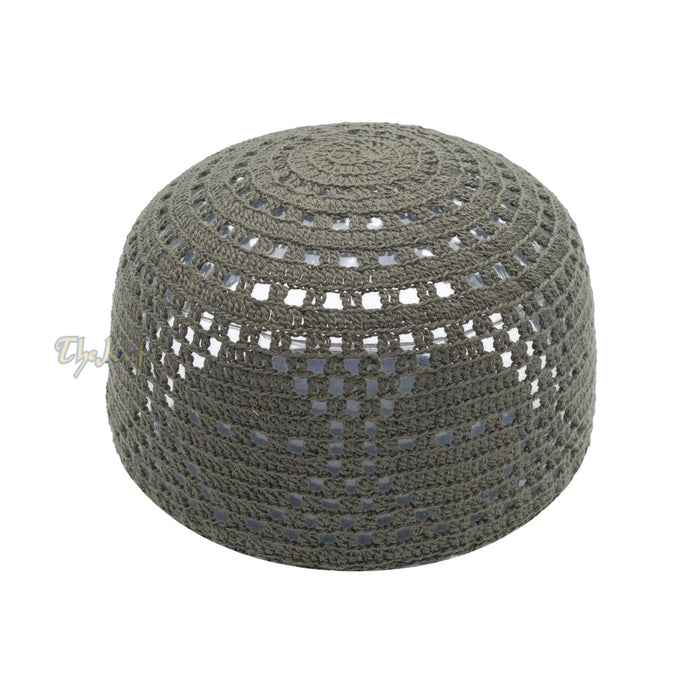 Dark Army Green Crocheted - Open-Weave Diamond Design Stretchable Kufi