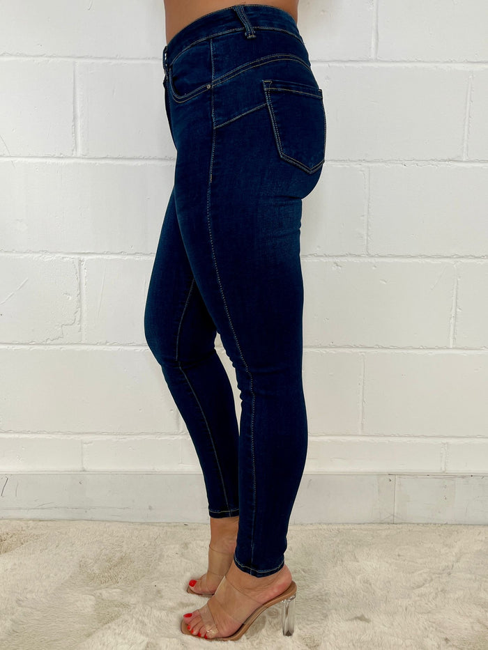 Dark Blue Push Up Bum High Waisted Plain Jeans