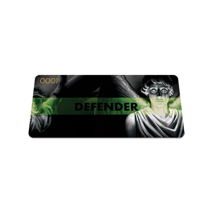 Front collector's card image of  Defender: gray scale statue of an angel in the center and two other angels next to the centered angel with a black background. With a green transparent line centered across the design and black text 'Defender'.