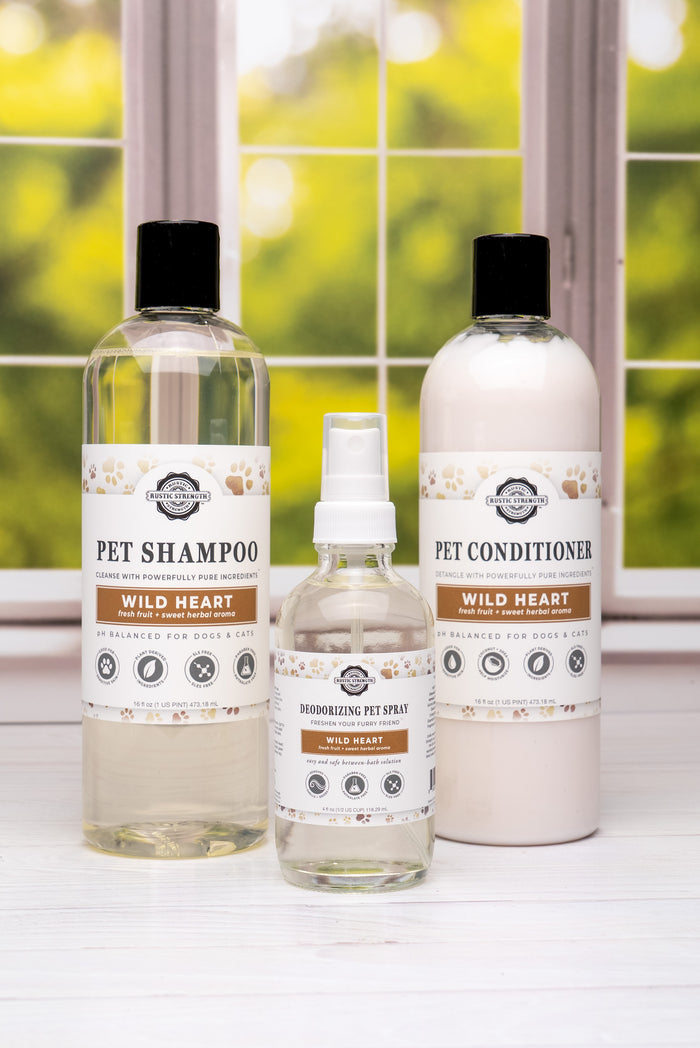 Rustic Strength, Wild Heart, Pet Care Bundle with a Pet Shampoo, Pet Conditioner and Deodorizing Pet Spray