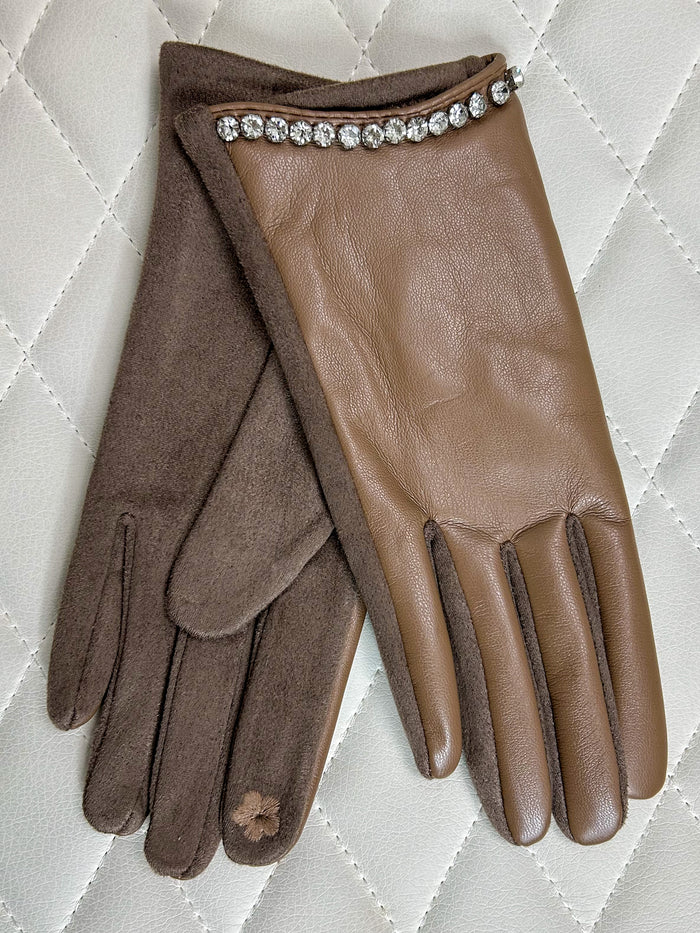 Diamante Trim Faux Leather Gloves (3 Colours)