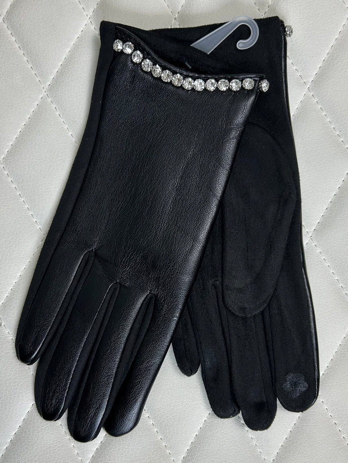Diamante Trim Faux Leather Gloves (3 Colours)
