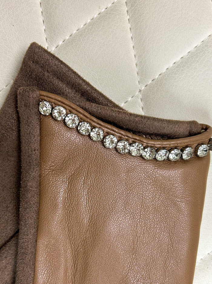 Diamante Trim Faux Leather Gloves (3 Colours)