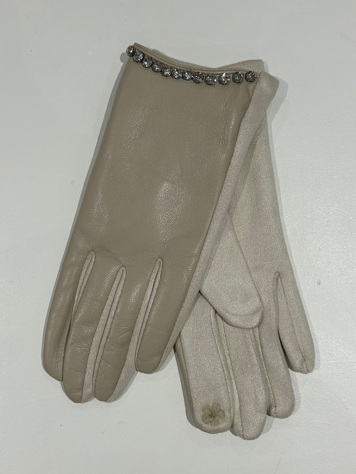 Diamante Trim Faux Leather Gloves (3 Colours)