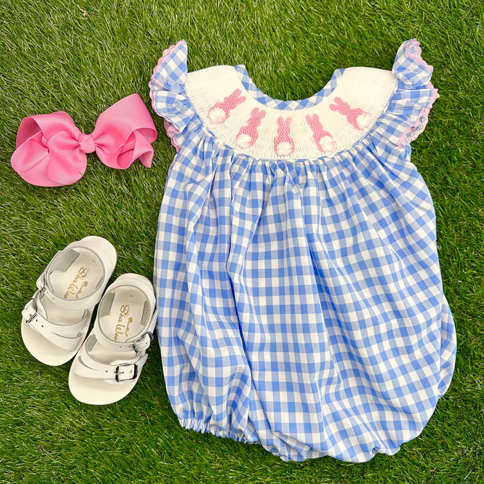 Easter Bunny Smocked Bubble Romper - Blue Gingham