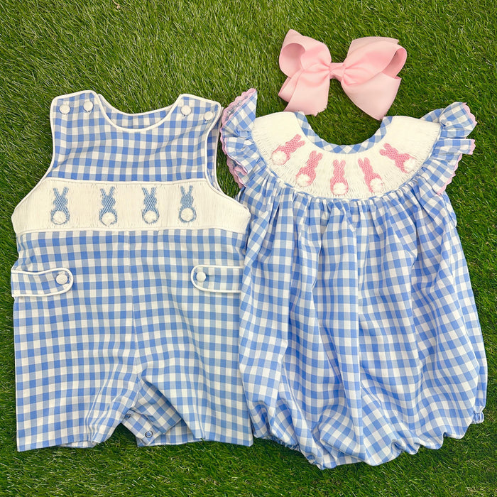 Easter Bunny Smocked Bubble Romper - Blue Gingham