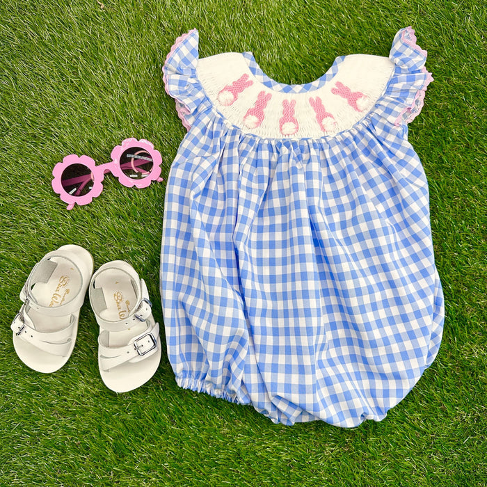Easter Bunny Smocked Bubble Romper - Blue Gingham