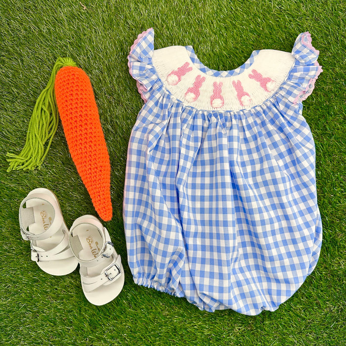 Easter Bunny Smocked Bubble Romper - Blue Gingham