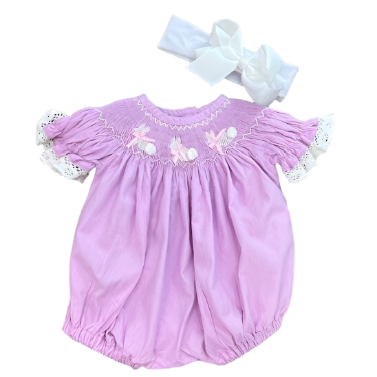 Easter Bunny Smocked Romper in Lavender with Lace