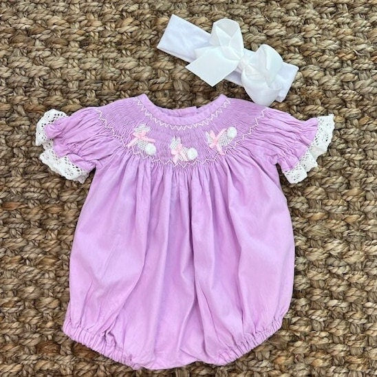 Easter Bunny Smocked Romper in Lavender with Lace