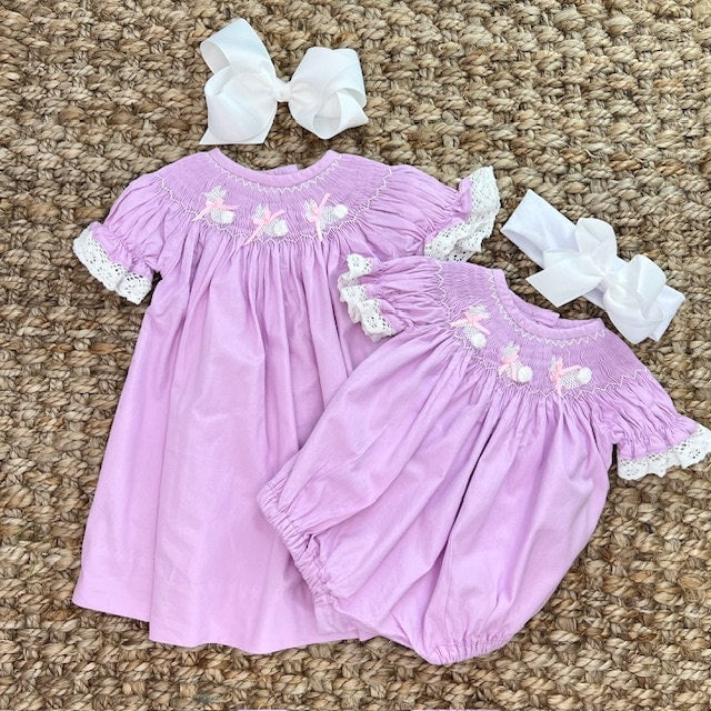 Easter Bunny Smocked Romper in Lavender with Lace