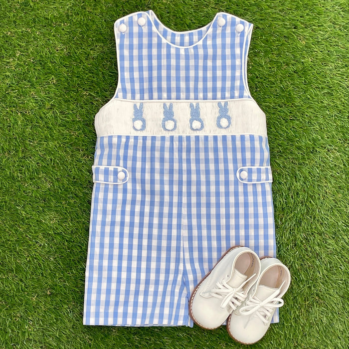 Easter Bunny Smocked Shortall in blue gingham